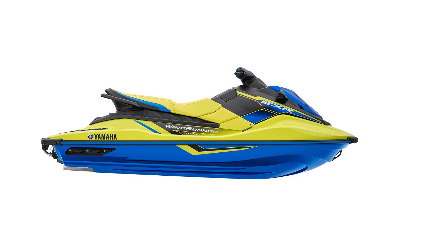 Yamaha EXR runabout, side view, lime yellow over blue, bow to the right.