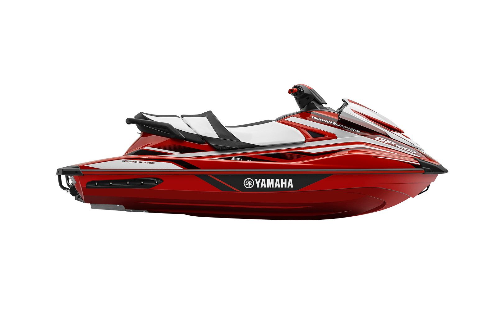 Yamaha GP1800 runabout, side view, red and white with a black seat, bow to the right.