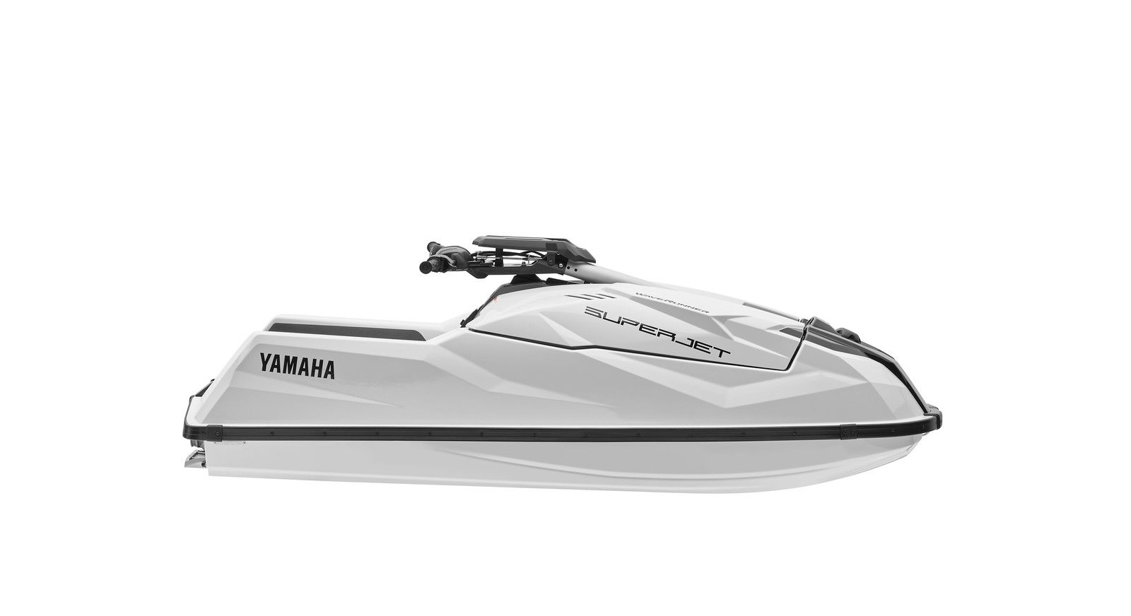 Yamaha SuperJet (4-stroke) stand-up, side view, white with grey and black trim, bow to the right.